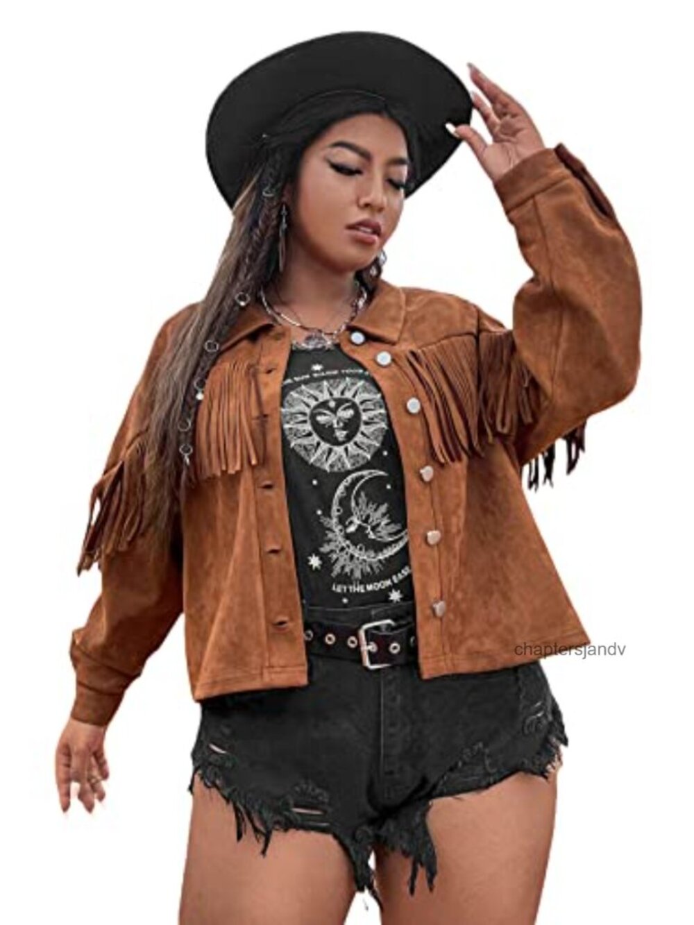 Plus Size Faux Suede Moto Jacket Fringe Trim Button Front